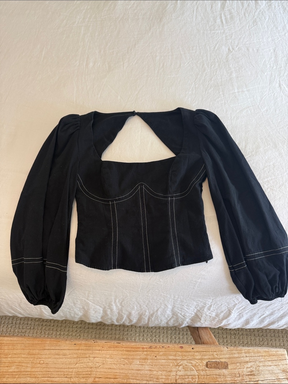 Reformation Black Puff Sleeve Square Neck Top with Contrast Stitching